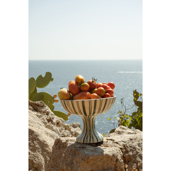 Large ceramic fruit bowl stand - green stripe, Puglia, Italy