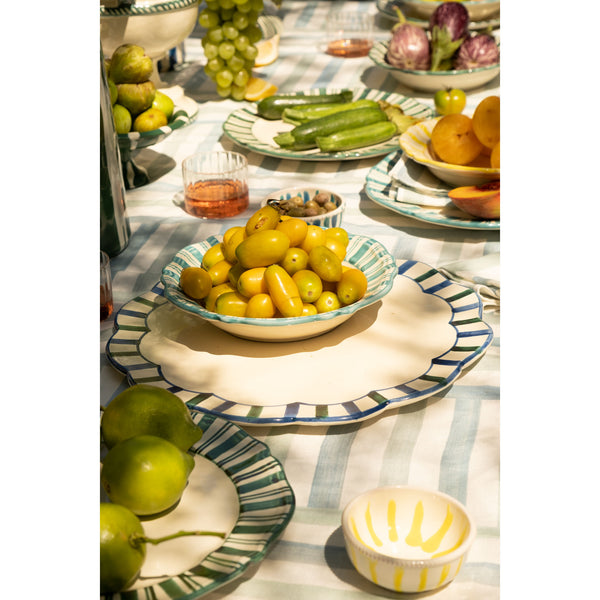 Large scalloped ceramic serving platter - green and blue stripe, Puglia, Italy
