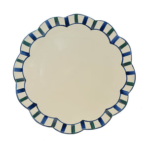 Large Scalloped Ceramic Serving Platter, Green and Blue stripe - Puglia, Italy