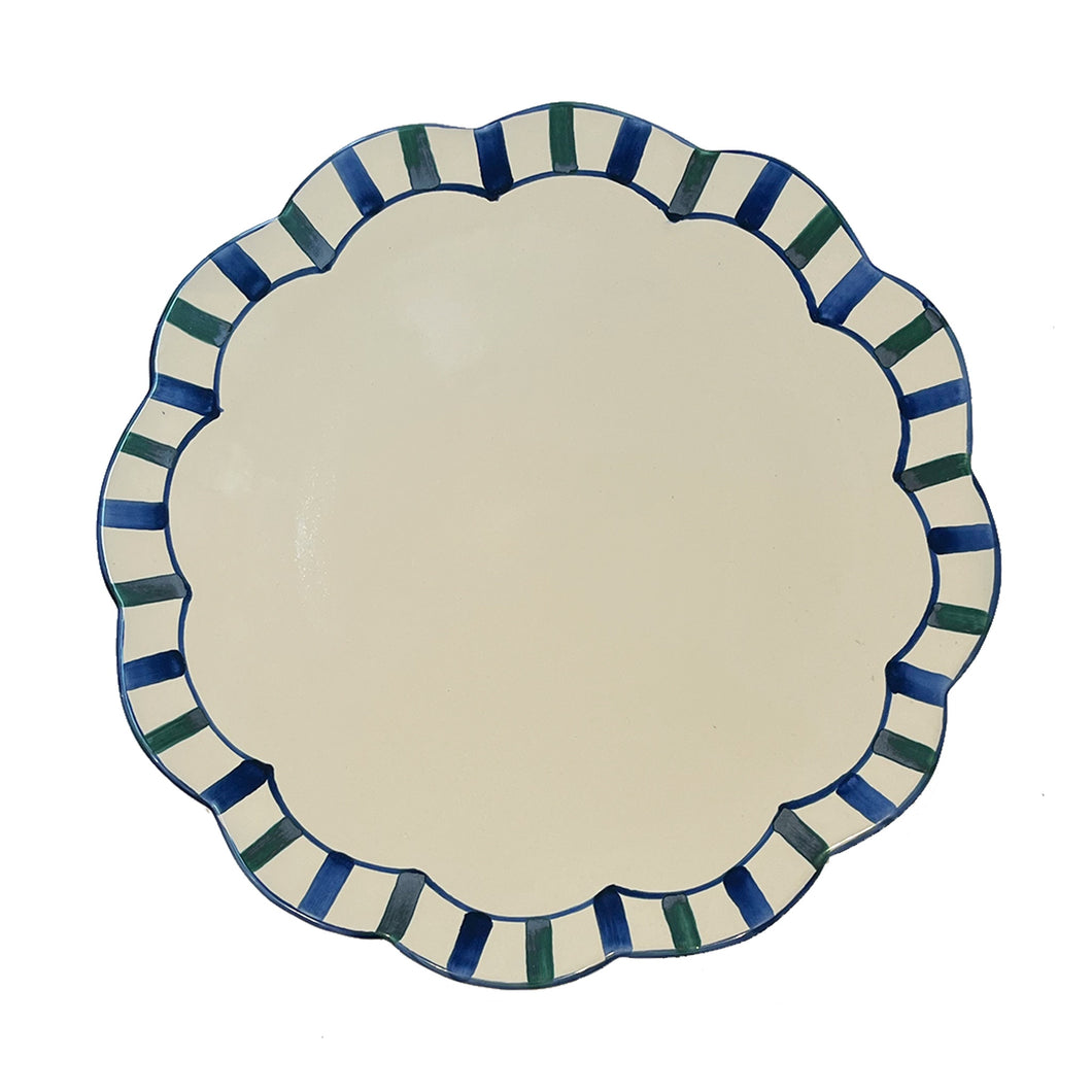 Large scalloped ceramic serving platter - green and blue stripe, Puglia, Italy