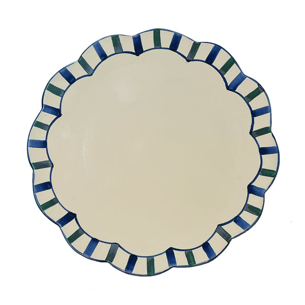 Large Scalloped Ceramic Serving Platter, Green and Blue stripe - Puglia, Italy