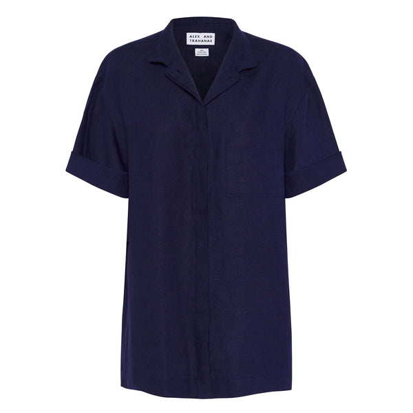 Italian Linen Summer Short-Sleeve Shirt, Navy