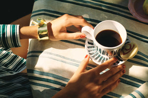 Lido ceramic tea / coffee cup and saucer, Cream and sea green - Puglia, Italy