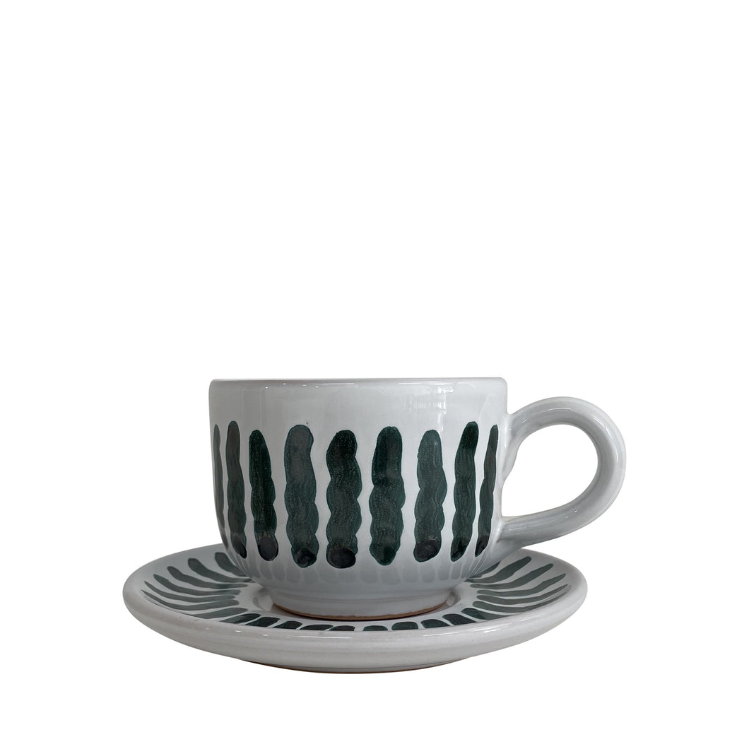 Lido ceramic tea / coffee cup and saucer, white and sea green - Puglia, Italy