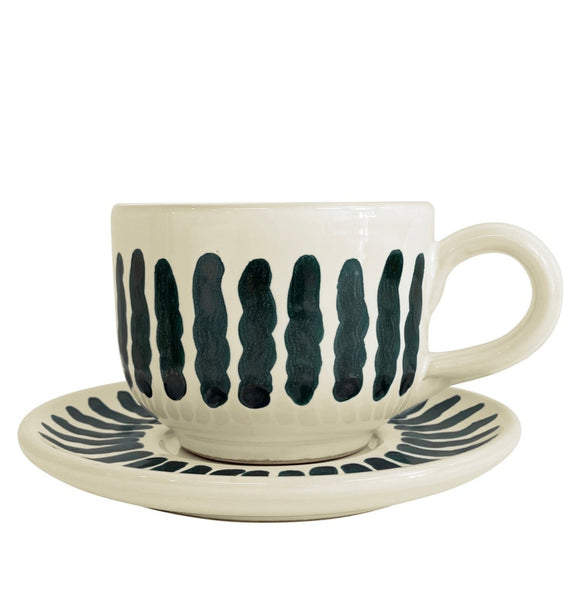 Lido ceramic tea / coffee cup and saucer, Cream and sea green - Puglia, Italy - PRE-ORDER